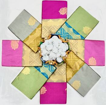 Pink parrot silk blend jacuard work festival saree with unstitched blouse piece 3