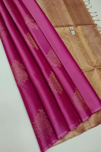 Rani pink beige silk blend jacuard work festival saree with unstitched blouse piece