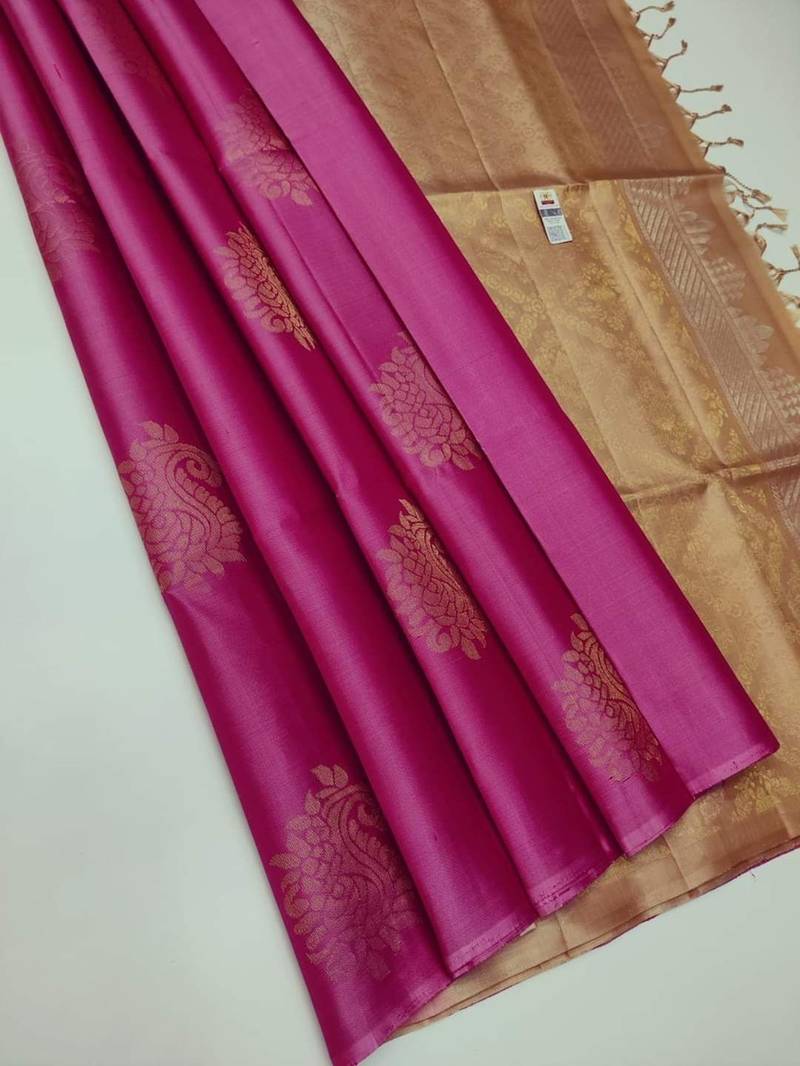 Rani pink beige silk blend jacuard work festival saree with unstitched blouse piece