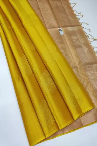 Yellow cream silk blend jacuard work festival saree with unstitched blouse piece