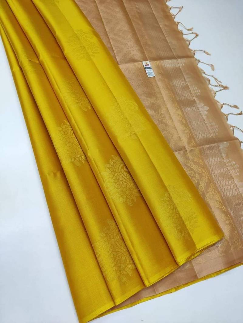 Yellow cream silk blend jacuard work festival saree with unstitched blouse piece