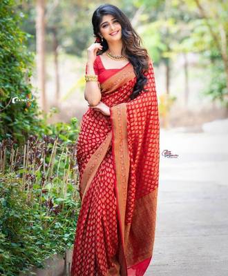 Red silk blend jacuard work festival saree with unstitched blouse piece 1