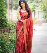 Red silk blend jacuard work festival saree with unstitched blouse piece