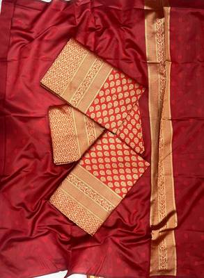 Red silk blend jacuard work festival saree with unstitched blouse piece 5