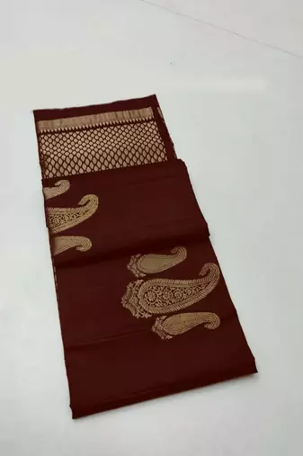Brown silk blend jacuard work festival saree with unstitched blouse piece