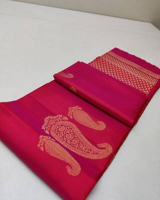 Rani pink silk blend jacuard work festival saree with unstitched blouse piece 1