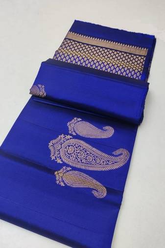 Royal blue silk blend jacuard work festival saree with unstitched blouse piece