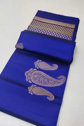 Royal blue silk blend jacuard work festival saree with unstitched blouse piece