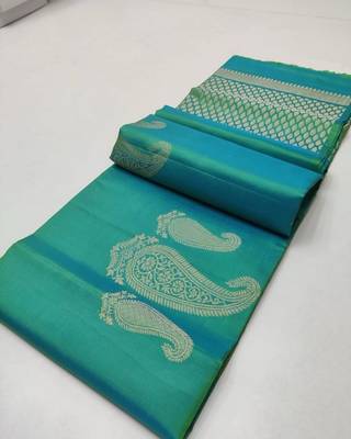 Turquoise silk blend jacuard work festival saree with unstitched blouse piece 1