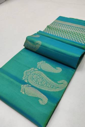 Turquoise silk blend jacuard work festival saree with unstitched blouse piece