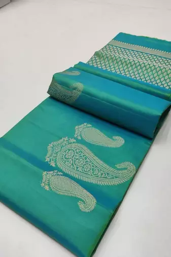 Turquoise silk blend jacuard work festival saree with unstitched blouse piece
