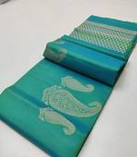 Turquoise silk blend jacuard work festival saree with unstitched blouse piece