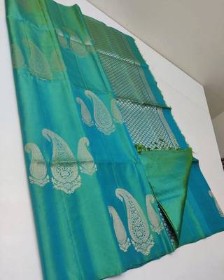 Turquoise silk blend jacuard work festival saree with unstitched blouse piece 2