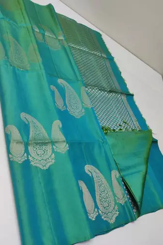 Turquoise silk blend jacuard work festival saree with unstitched blouse piece