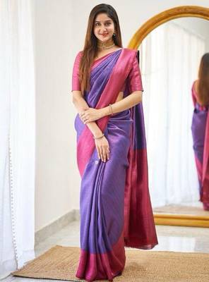 Blue wine silk blend jacuard work festival saree with unstitched blouse piece 1