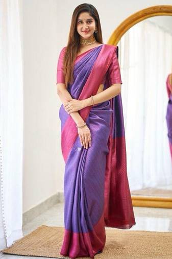 Blue wine silk blend jacuard work festival saree with unstitched blouse piece