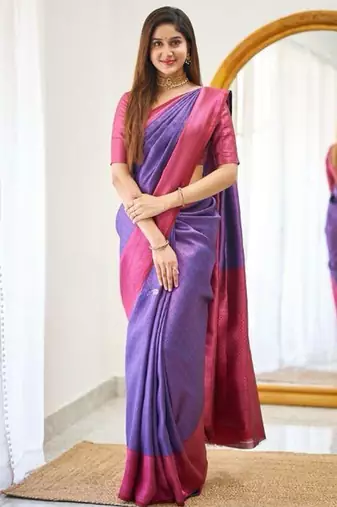 Blue wine silk blend jacuard work festival saree with unstitched blouse piece