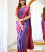 Blue wine silk blend jacuard work festival saree with unstitched blouse piece