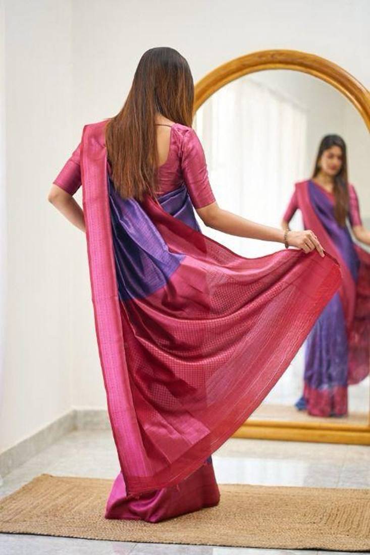 Blue wine silk blend jacuard work festival saree with unstitched blouse piece