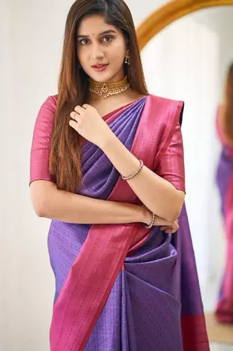 Blue wine silk blend jacuard work festival saree with unstitched blouse piece