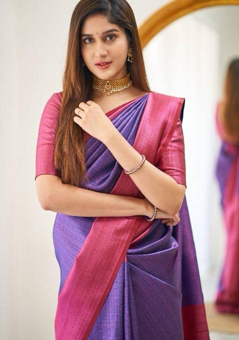 Blue wine silk blend jacuard work festival saree with unstitched blouse piece