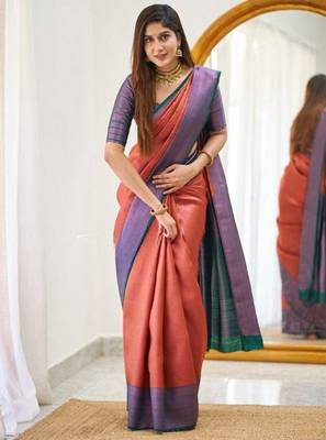 Orange wine silk blend jacuard work festival saree with unstitched blouse piece 1