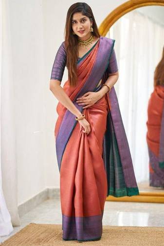 Orange wine silk blend jacuard work festival saree with unstitched blouse piece