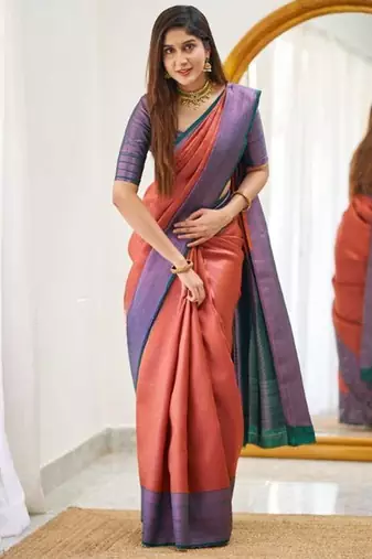 Orange wine silk blend jacuard work festival saree with unstitched blouse piece