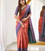 Orange wine silk blend jacuard work festival saree with unstitched blouse piece