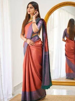 Orange wine silk blend jacuard work festival saree with unstitched blouse piece 2