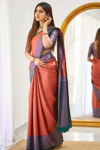 Orange wine silk blend jacuard work festival saree with unstitched blouse piece