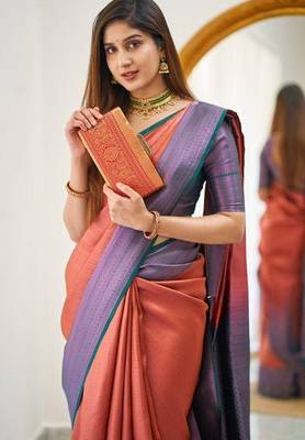 Orange wine silk blend jacuard work festival saree with unstitched blouse piece 3