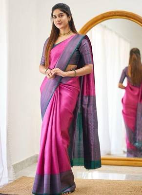 Pink blue silk blend jacuard work festival saree with unstitched blouse piece 1
