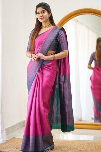 Pink blue silk blend jacuard work festival saree with unstitched blouse piece