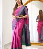 Pink blue silk blend jacuard work festival saree with unstitched blouse piece