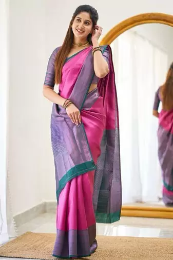 Pink blue silk blend jacuard work festival saree with unstitched blouse piece