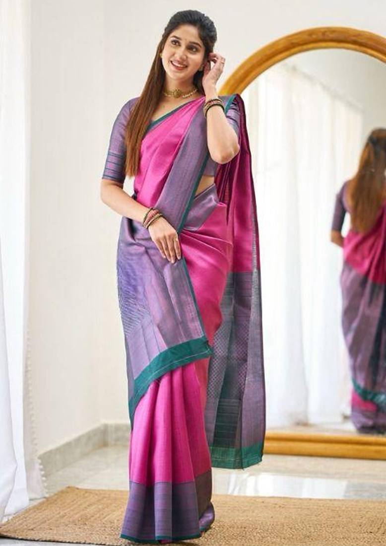 Pink blue silk blend jacuard work festival saree with unstitched blouse piece