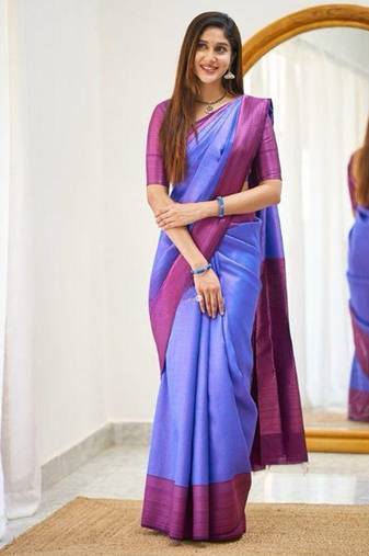 Violet wine silk blend jacuard work festival saree with unstitched blouse piece