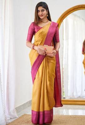 Yellow pink silk blend jacuard work festival saree with unstitched blouse piece 1