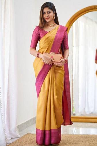 Yellow pink silk blend jacuard work festival saree with unstitched blouse piece