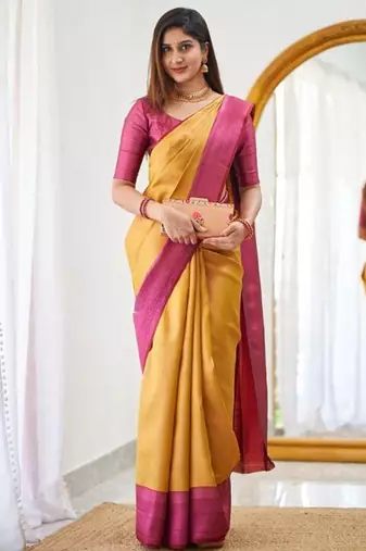 Yellow pink silk blend jacuard work festival saree with unstitched blouse piece