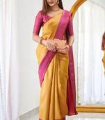 Yellow pink silk blend jacuard work festival saree with unstitched blouse piece