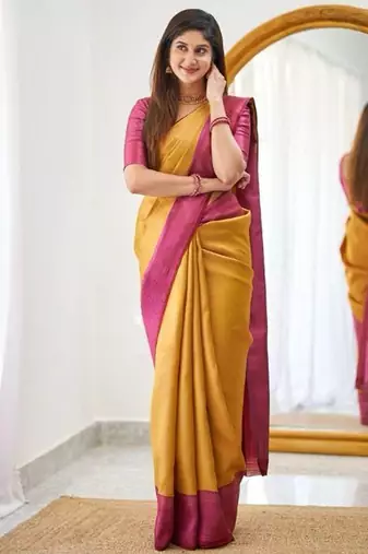 Yellow pink silk blend jacuard work festival saree with unstitched blouse piece