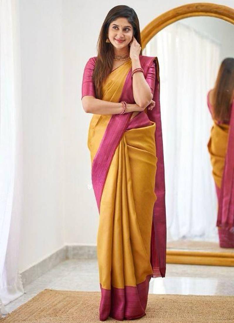 Yellow pink silk blend jacuard work festival saree with unstitched blouse piece