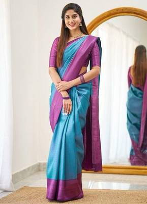 Turquoise wine silk blend jacuard work festival saree with unstitched blouse piece 1