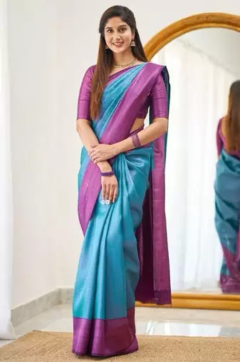Turquoise wine silk blend jacuard work festival saree with unstitched blouse piece