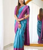 Turquoise wine silk blend jacuard work festival saree with unstitched blouse piece