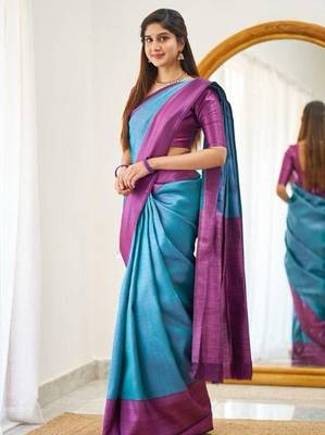 Turquoise wine silk blend jacuard work festival saree with unstitched blouse piece 2