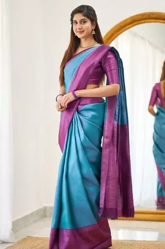 Turquoise wine silk blend jacuard work festival saree with unstitched blouse piece