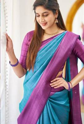 Turquoise wine silk blend jacuard work festival saree with unstitched blouse piece 3